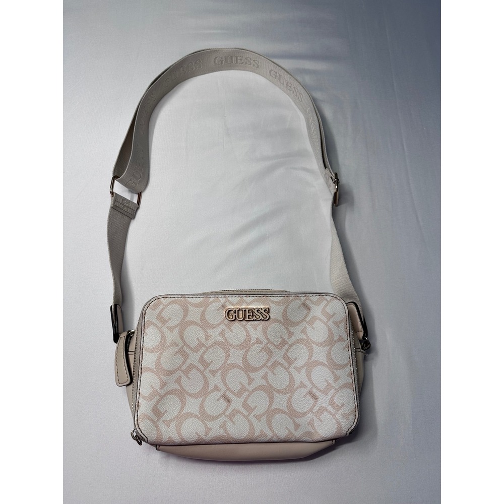 Guess Monogram Crossbody Camera Bag Cream Tan Logo Strap Dual Zip Wallet Bag